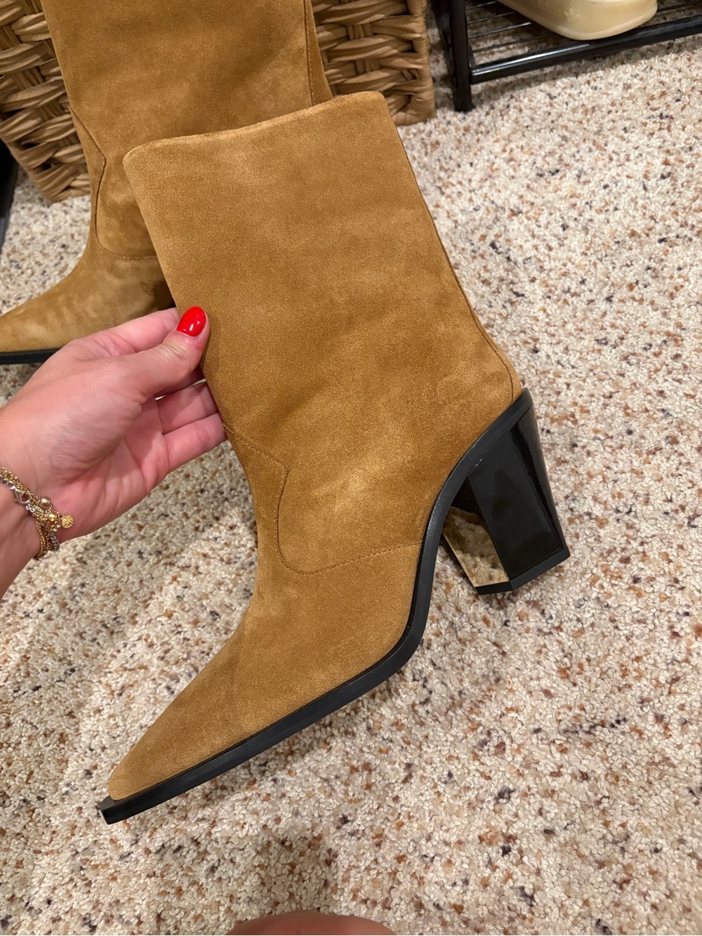 New Rebecca Minkoff Camel Suede Pointed Toe Block Heel Ankle Boots City Boot
